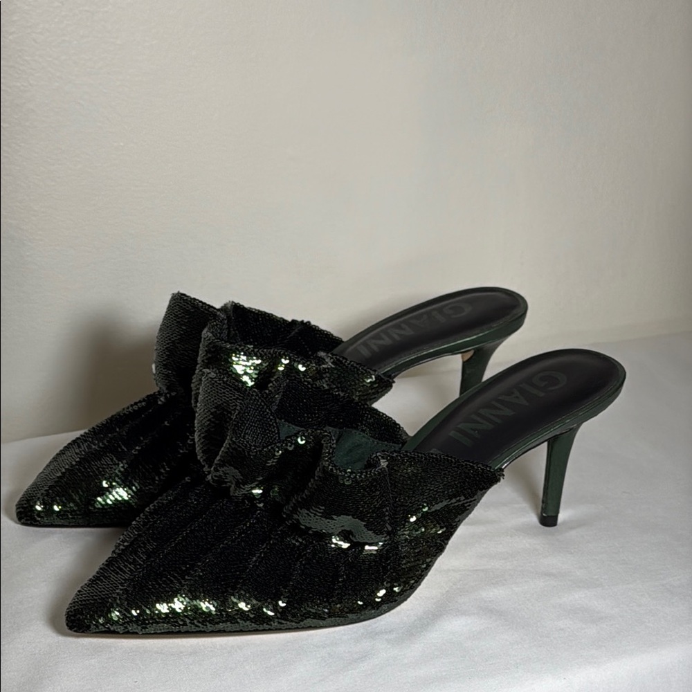 Gianni Bini Dark Green Ruffle and Sequin Kitten Heels - Picture 7 of 13